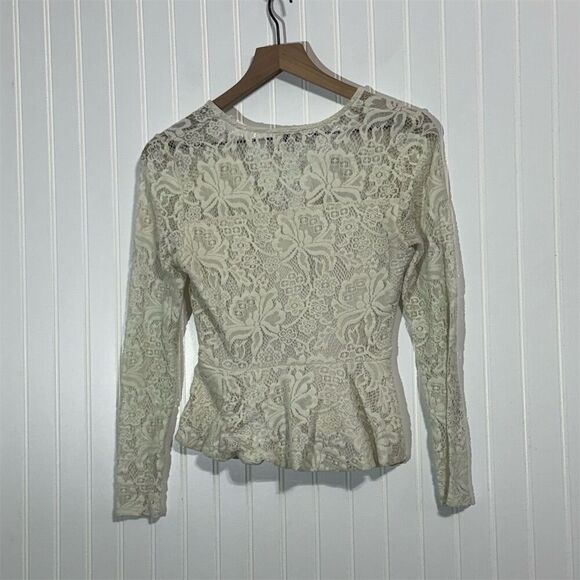 bebe Cream Lace Peplum Top Small S Long Sleeve Sheer Wrap Blouse USA Romantic - Picture 3 of 8